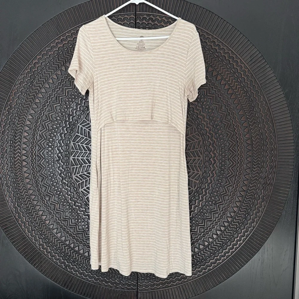 Kindred Bravely Eleanora Bamboo Maternity Nursing Dress M Oatmeal Stripe Beige - Picture 3 of 11